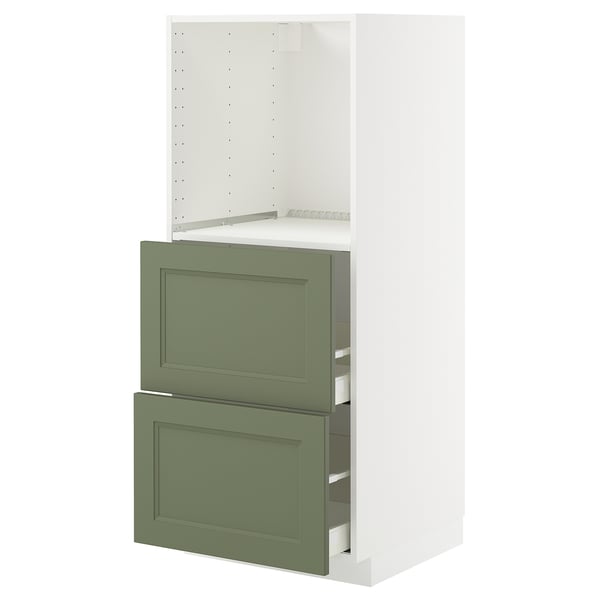 METOD / MAXIMERA High cabinet w 2 drawers for oven, white/Axstad grey-green, 60x60x140 cm