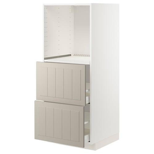 Ikea METOD kitchen unit in beige with wooden fronts, two drawers, and white shelves.