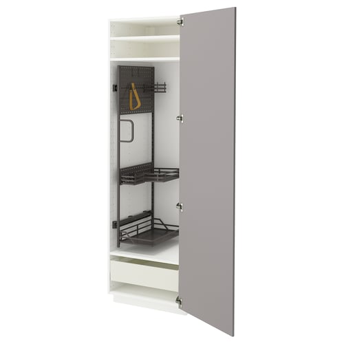 Open grey METOD kitchen cabinet with pull-out shelf and drawers.