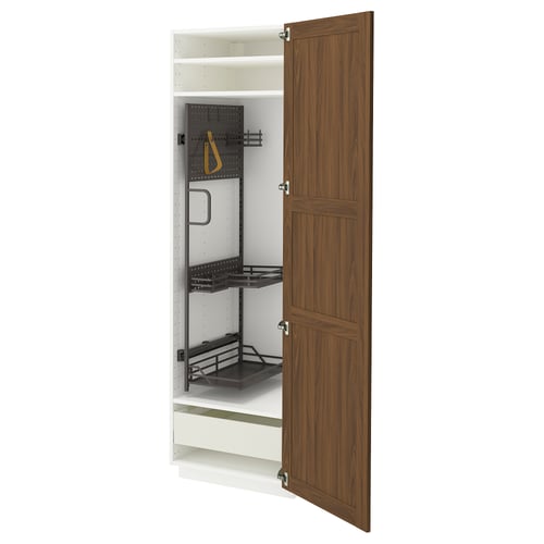 An open wooden cabinet from the METOD kitchen system with adjustable shelves and smooth-closing drawers.