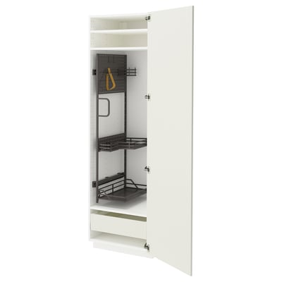 This image shows an open white METOD kitchen cabinet with adjustable shelves and a pull-out drawer.