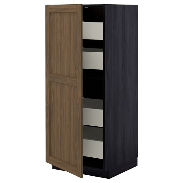 METOD / MAXIMERA High cabinet with drawers, black Enköping/brown walnut effect, 60x60x140 cm