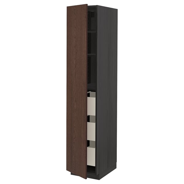 METOD / MAXIMERA High cabinet with drawers, black/Sinarp brown, 40x60x200 cm