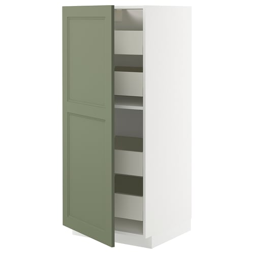 METOD kitchen unit: green-grey, tall, steel drawers, slow-close