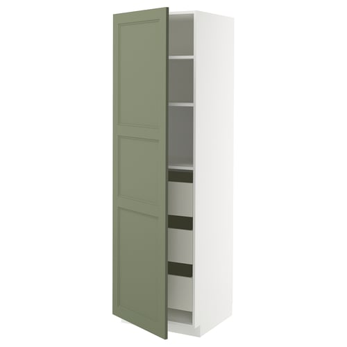 Modern kitchen cabinet, light green, tall, white & green, panelled design, storage shelves.