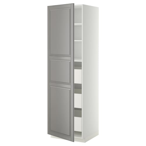 Metalic grey and white cabinet, tall with shelves, modern design, bevelled edges.