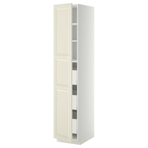 White METOD kitchen cabinet with cream doors and bevelled edges, tall with shelves and an extendable drawer.