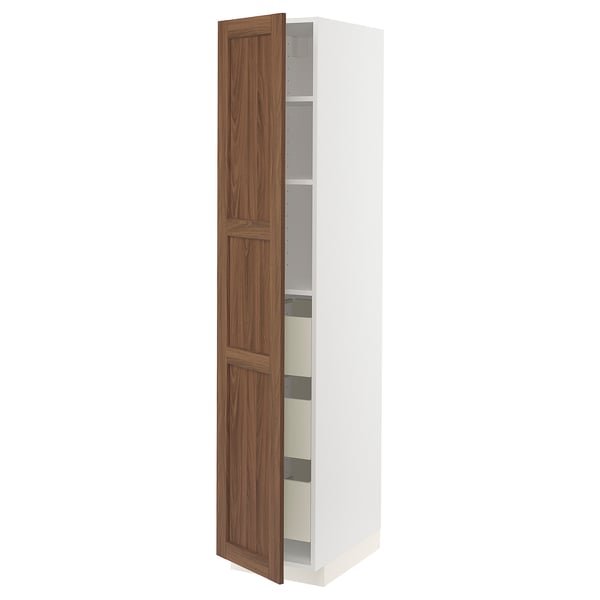 METOD / MAXIMERA High cabinet with drawers, white Enköping/brown walnut effect, 40x60x200 cm