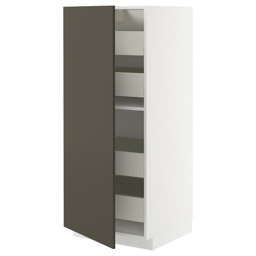 Modern tall cabinet in white with dark brown door, featuring multiple drawers and shelves for storage. Sleek, minimalist design.