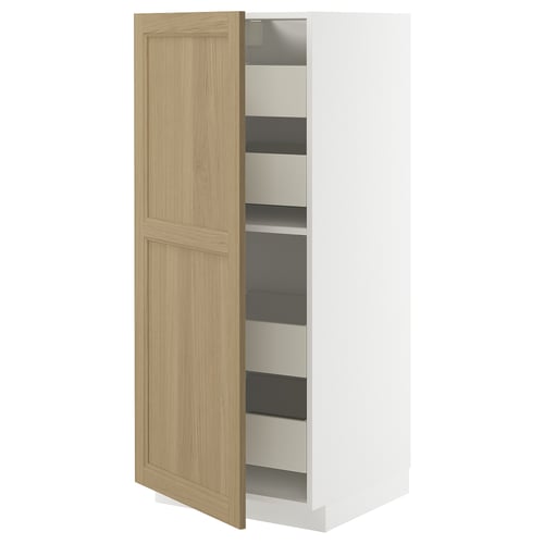 White kitchen cabinet with wooden door, open to show shelves.