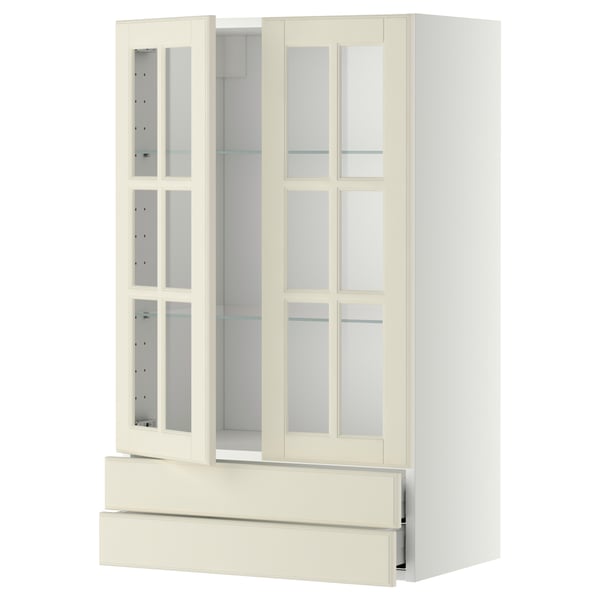 METOD / MAXIMERA Wall cab w 2 glass doors/2 drawers, white/Bodbyn off-white, 60x100 cm