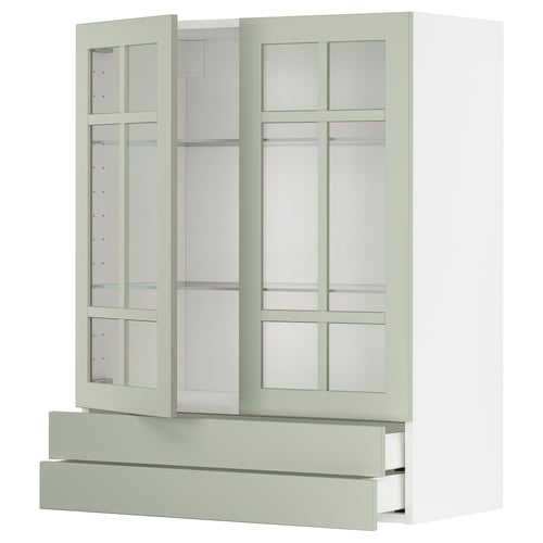 Green METOD kitchen unit with glass doors, 3 shelves, and 2 drawers.