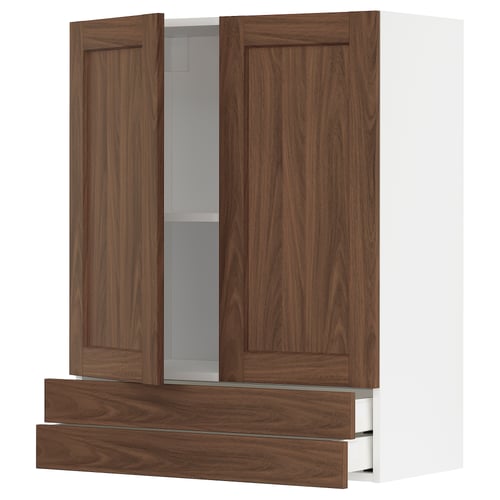 METOD kitchen unit with two walnut doors, adjustable shelf, and slow-close drawer. Classic warm wood look.