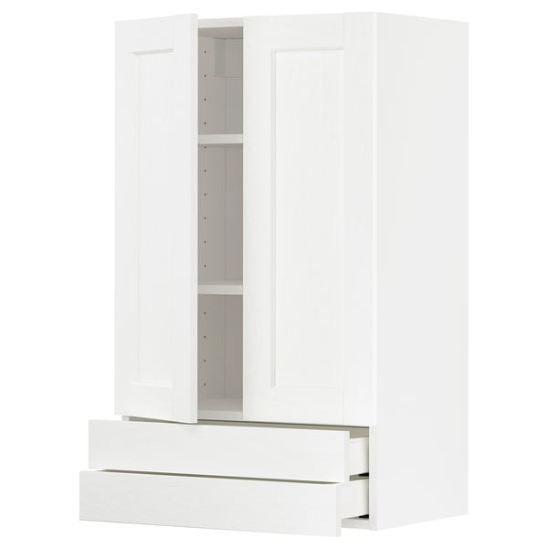 White METOD kitchen cabinet, modern design with wooden texture, featuring two doors and two drawers with adjustable shelves.