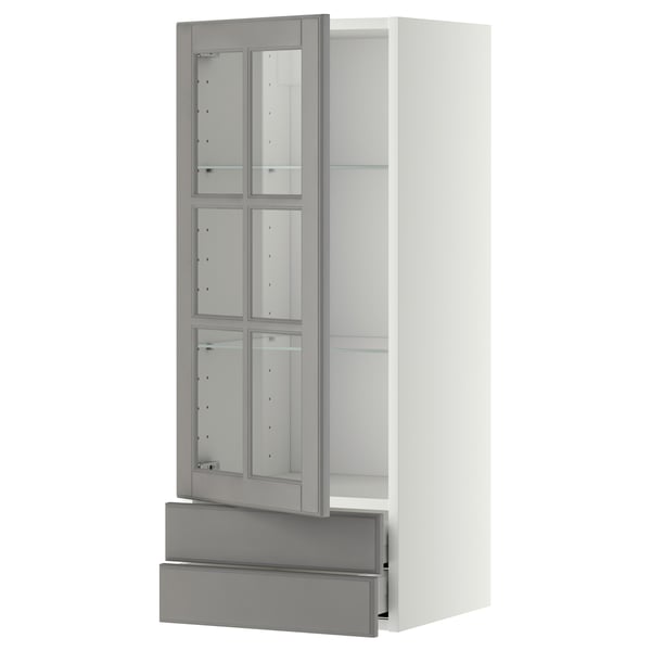 METOD / MAXIMERA Wall cabinet w glass door/2 drawers, white/Bodbyn grey, 40x100 cm