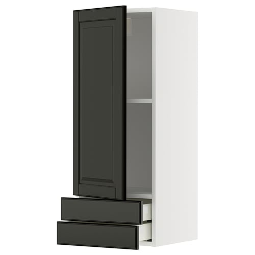 METOD kitchen unit: tall white cabinet with black drawers and door, smooth finish.