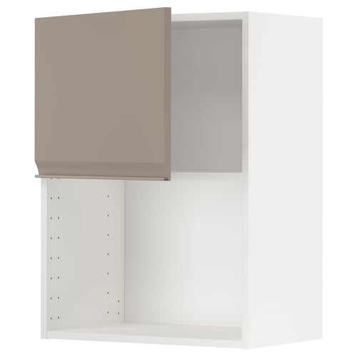 An open, white kitchen cabinet with a beige door. The cabinet has adjustable shelves and snap-on hinges.