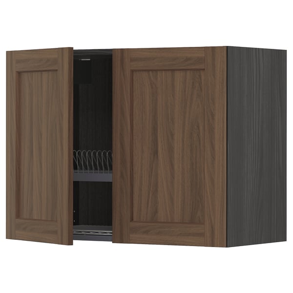 METOD Wall cabinet w dish drainer/2 doors, black Enköping/brown walnut effect, 80x60 cm