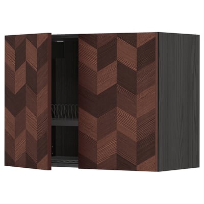 METOD Wall cabinet w dish drainer/2 doors, black Hasslarp/brown patterned, 80x60 cm