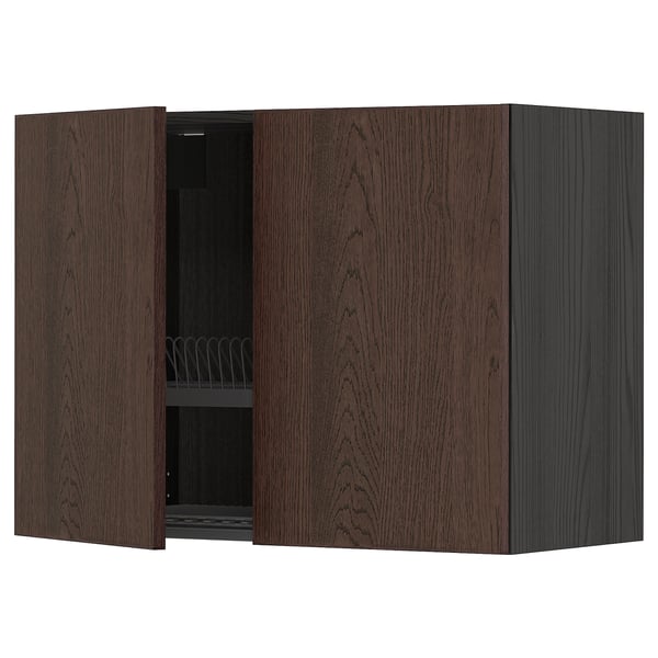 METOD Wall cabinet w dish drainer/2 doors, black/Sinarp brown, 80x60 cm