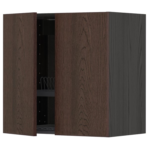 METOD Wall cabinet w dish drainer/2 doors, black/Sinarp brown, 60x60 cm