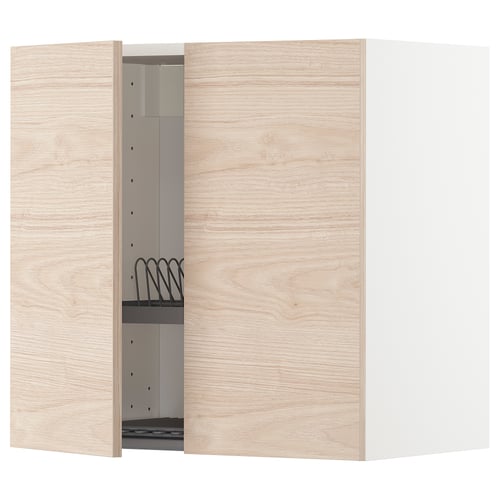 A light wooden kitchen cabinet with a door open, revealing adjustable shelves and a wire dish drainer inside.