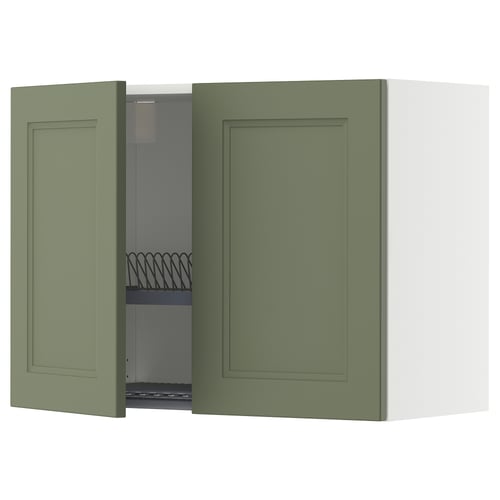 Green kitchen cabinet open, grey-white interior, adjustable shelf, square shape.