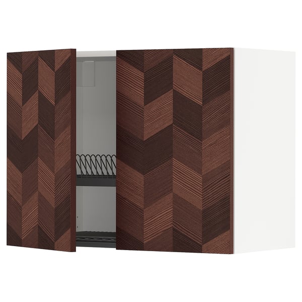 METOD Wall cabinet w dish drainer/2 doors, white Hasslarp/brown patterned, 80x60 cm