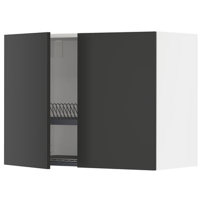 METOD Wall cabinet w dish drainer/2 doors, white/Nickebo matt anthracite, 80x60 cm