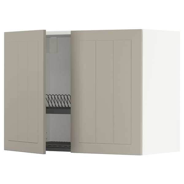 METOD Wall cabinet w dish drainer/2 doors, white/Stensund beige, 80x60 cm