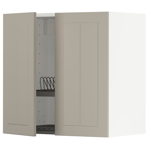 METOD Wall cabinet w dish drainer/2 doors, white/Stensund beige, 60x60 cm