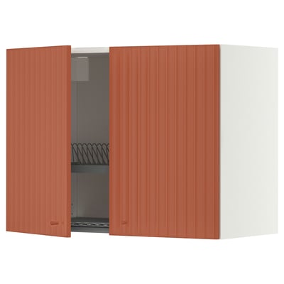 METOD Wall cabinet w dish drainer/2 doors, white/Terrsjö red-brown wave pattern, 80x60 cm