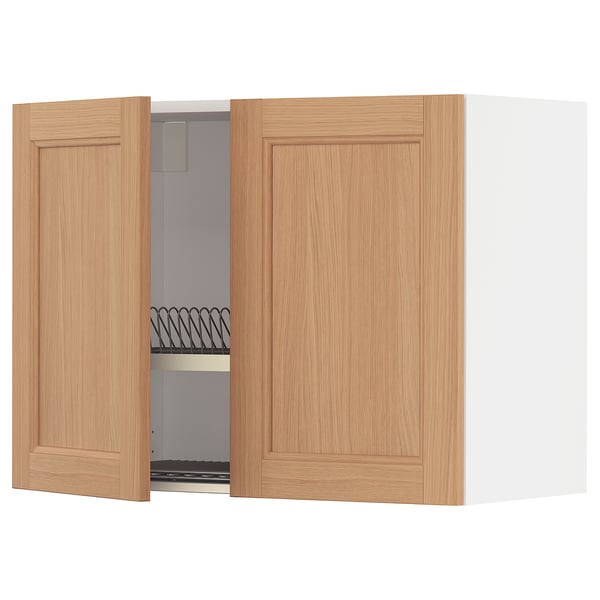 METOD Wall cabinet w dish drainer/2 doors, white/Vedhamn oak, 80x60 cm
