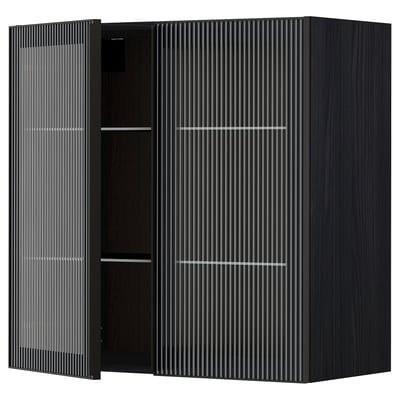METOD Wall cabinet w shelves/2 glass drs, black/Hejsta anthracite reeded glass, 80x80 cm