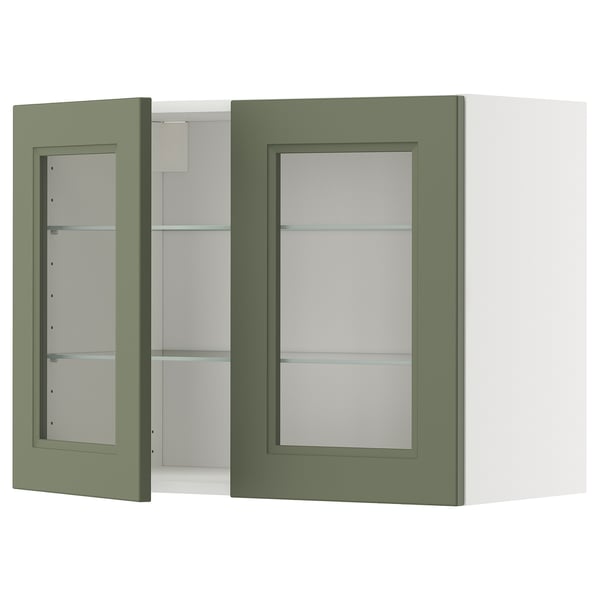 METOD Wall cabinet w shelves/2 glass drs, white/Axstad grey-green, 80x60 cm
