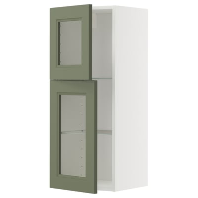 METOD Wall cabinet w shelves/2 glass drs, white/Axstad grey-green, 40x100 cm