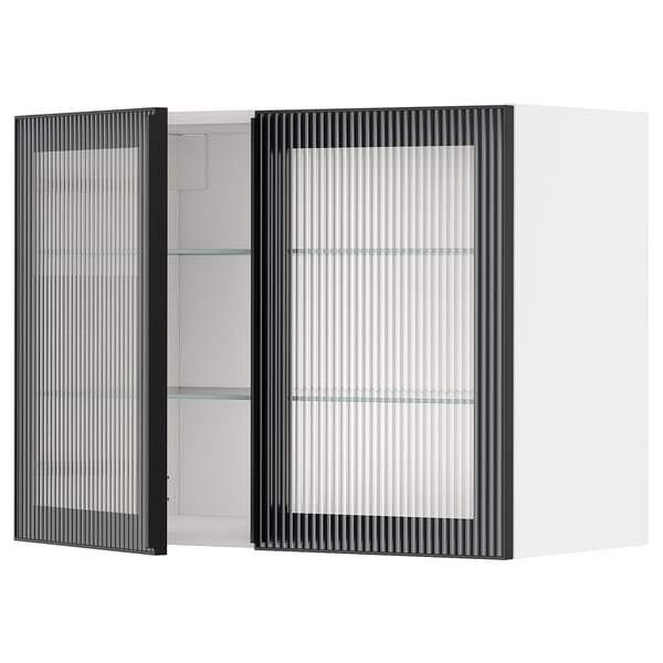 METOD Wall cabinet w shelves/2 glass drs, white/Hejsta anthracite reeded glass, 80x60 cm