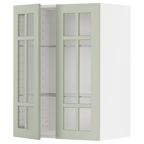 Green METOD kitchen cabinet with glass doors and adjustable shelves.