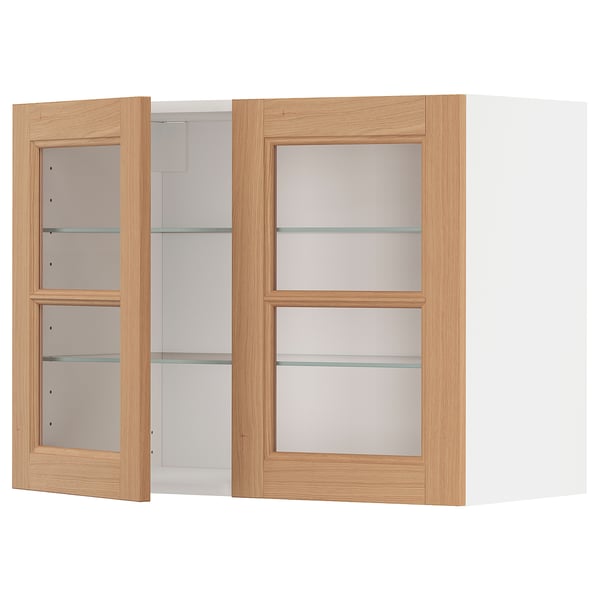 METOD Wall cabinet w shelves/2 glass drs, white/Vedhamn oak, 80x60 cm