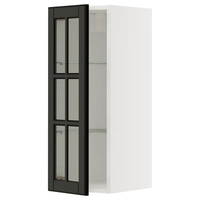METOD Wall cabinet w shelves/glass door, white/Bodbyn black, 30x80 cm