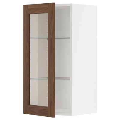 METOD Wall cabinet w shelves/glass door, white Enköping/brown walnut effect, 40x80 cm