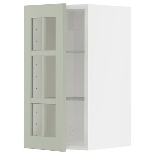 METOD kitchen cabinet with 3 green glass doors, adjustable shelves, left or right mount.