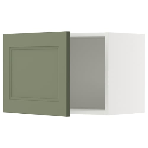 Ikea METOD kitchen cabinet in grey-green with square door and hinged side, set against a white background.