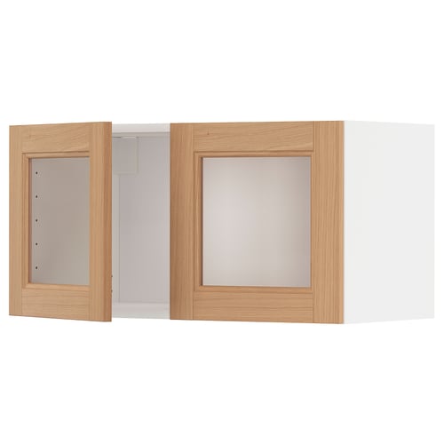 IKEAs METOD kitchen cabinet with oak and glass doors.