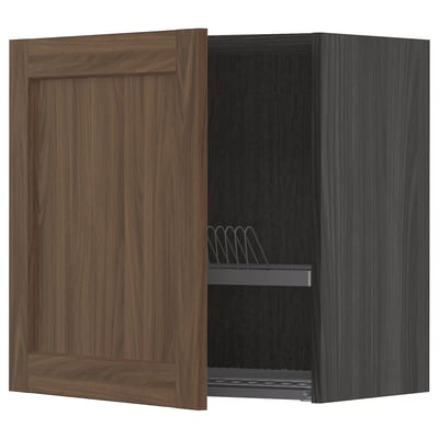 METOD Wall cabinet with dish drainer, black Enköping/brown walnut effect, 60x60 cm