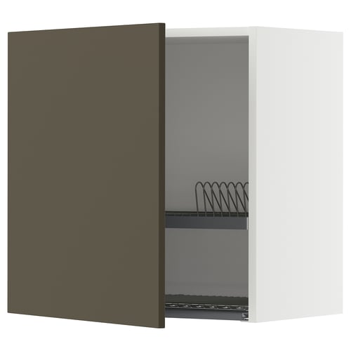 Modern kitchen cabinet with dark brown door, adjustable shelf.