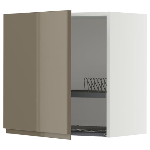 A modern kitchen cabinet with high-gloss dark grey-brown doors and a stainless steel interior, featuring a built-in wire dish drainer.
