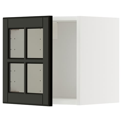 Black and white kitchen cabinet with glass doors, sleek modern design.