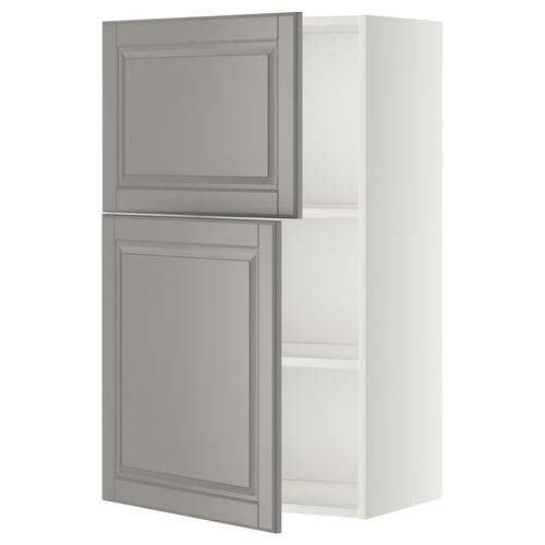 A METOD kitchen cabinet with grey bodbyn doors and a white frame, featuring bevelled edges and adjustable shelves.