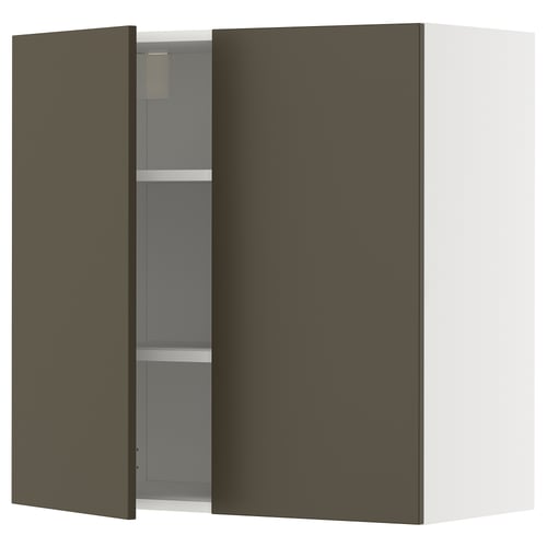 Modern dark kitchen cabinet with one open door, 2 shelves, dark brown/beige colour, rectangle shape.